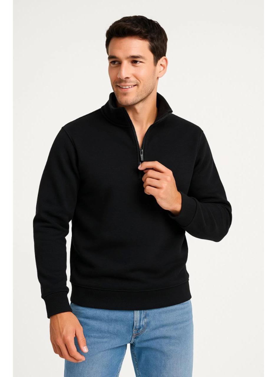 Erkek Dik Yaka Sweatshirt Dik Yaka Yarım Fermuarlı 3 İplik Şardonlu Pamuk Kumaş - Siyah