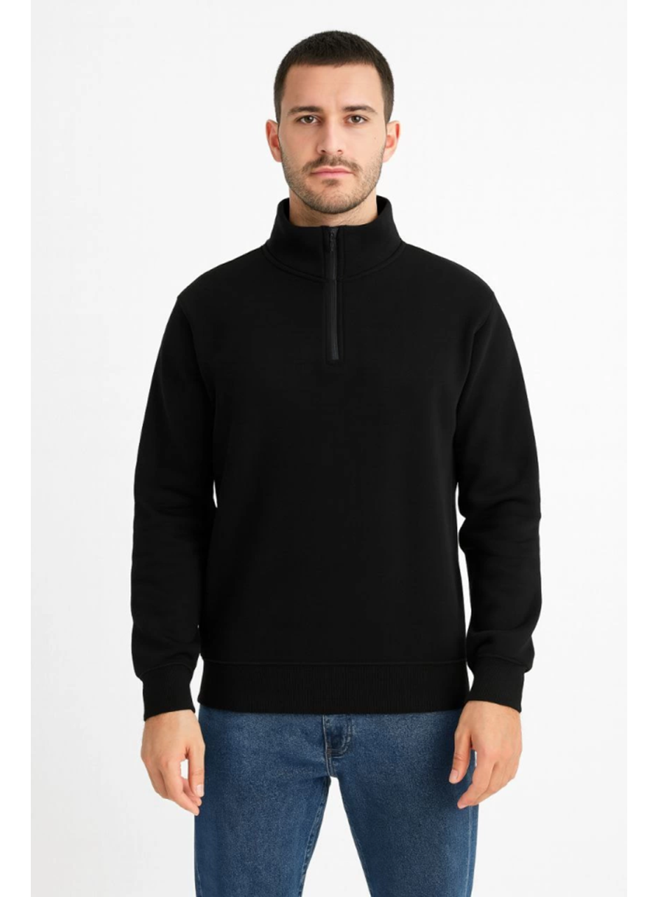 Erkek Dik Yaka Sweatshirt Dik Yaka Yarım Fermuarlı 3 İplik Şardonlu Pamuk Kumaş - Siyah