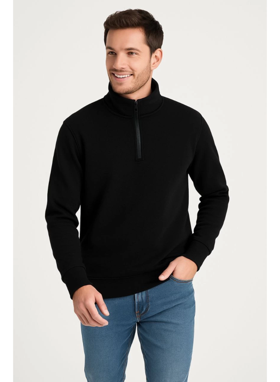 Erkek Dik Yaka Sweatshirt Dik Yaka Yarım Fermuarlı 3 İplik Şardonlu Pamuk Kumaş - Siyah