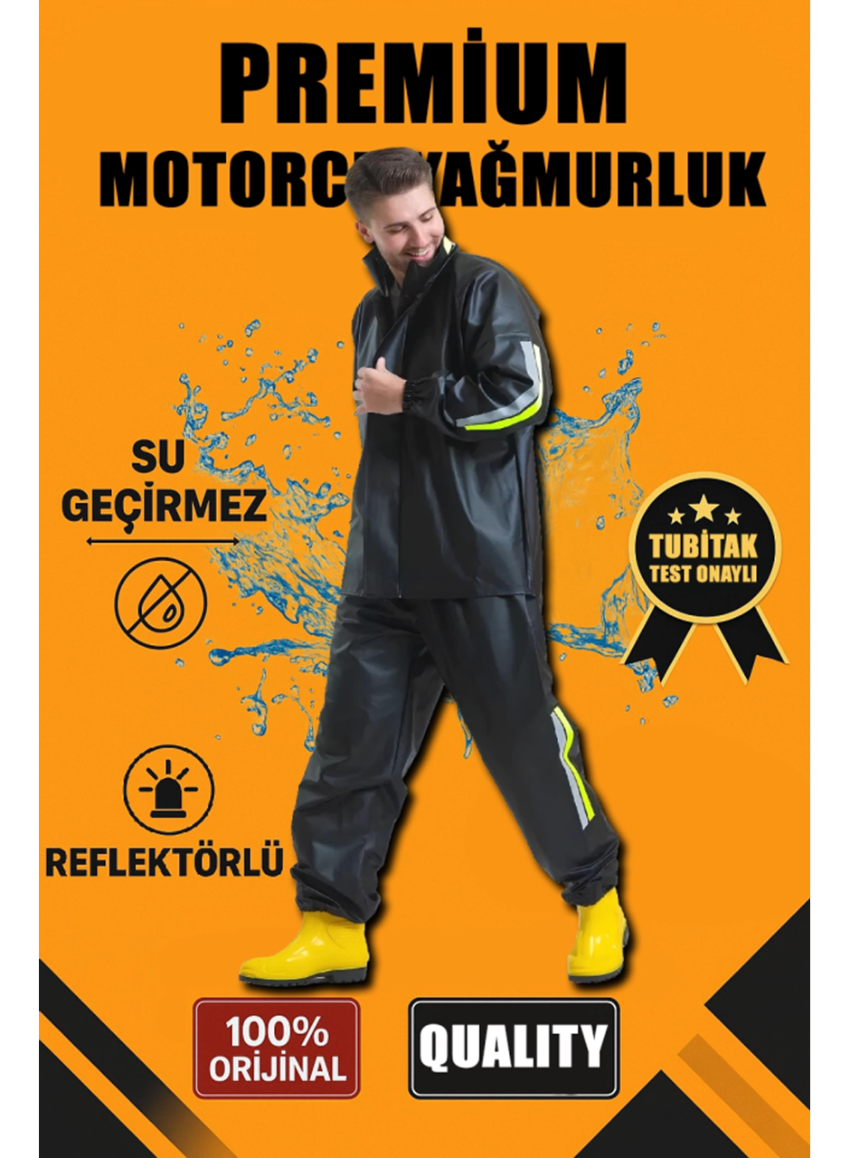 Premium Motorcu Kurye Yağmurluk Takım Su Geçirmez PVC Kumaş Reflektörlü TÜBİTAK Onaylı - Siyah