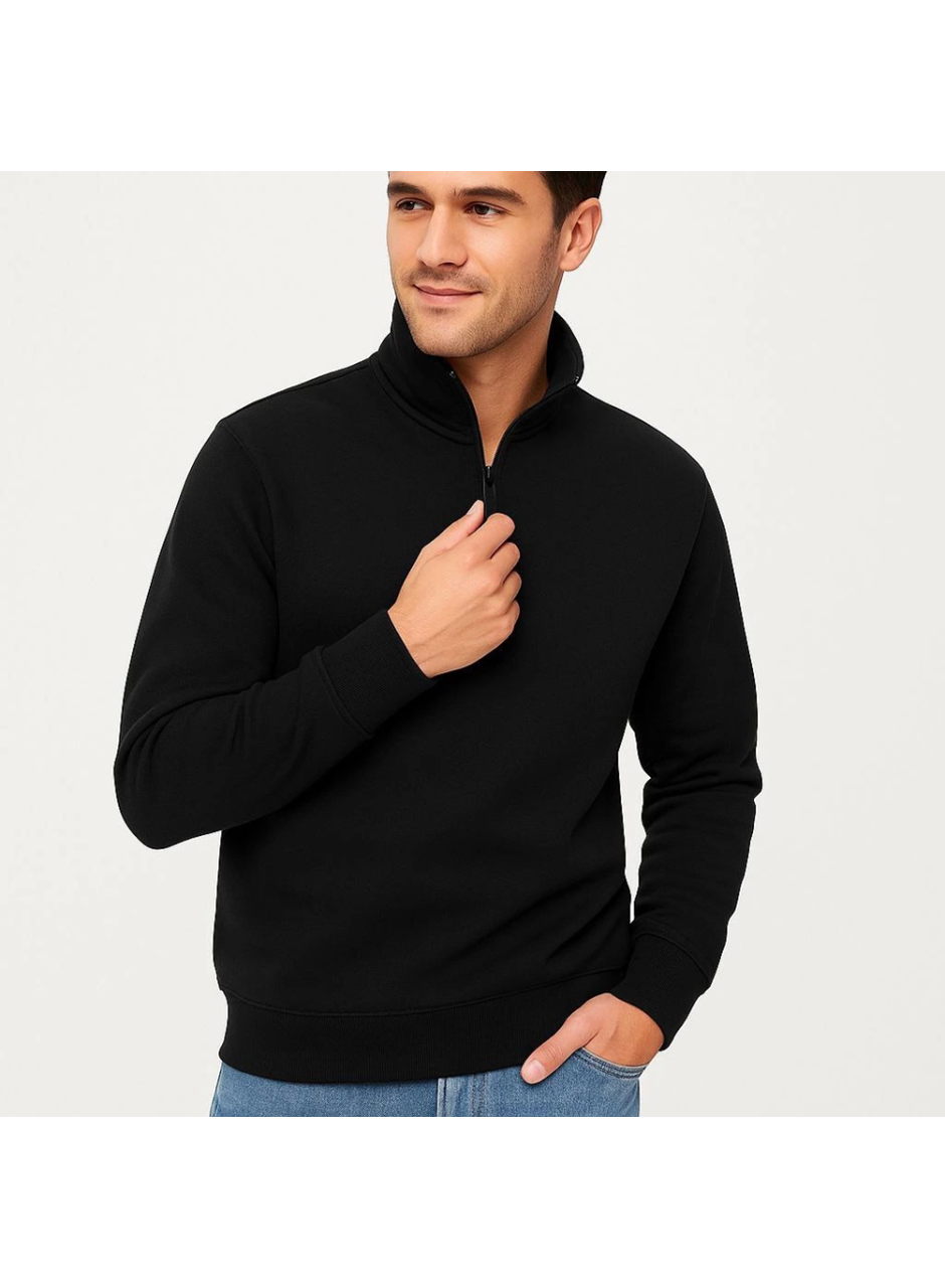 Erkek Dik Yaka Sweatshirt Dik Yaka Yarım Fermuarlı 3 İplik Şardonlu Pamuk Kumaş - Siyah