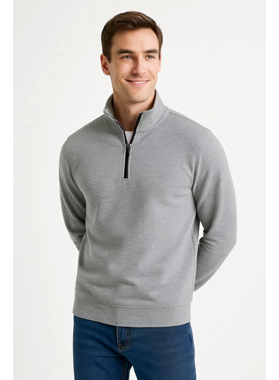 Erkek Dik Yaka Sweatshirt Dik Yaka Yarım Fermuarlı 3 İplik Şardonlu Pamuk Kumaş - Gri