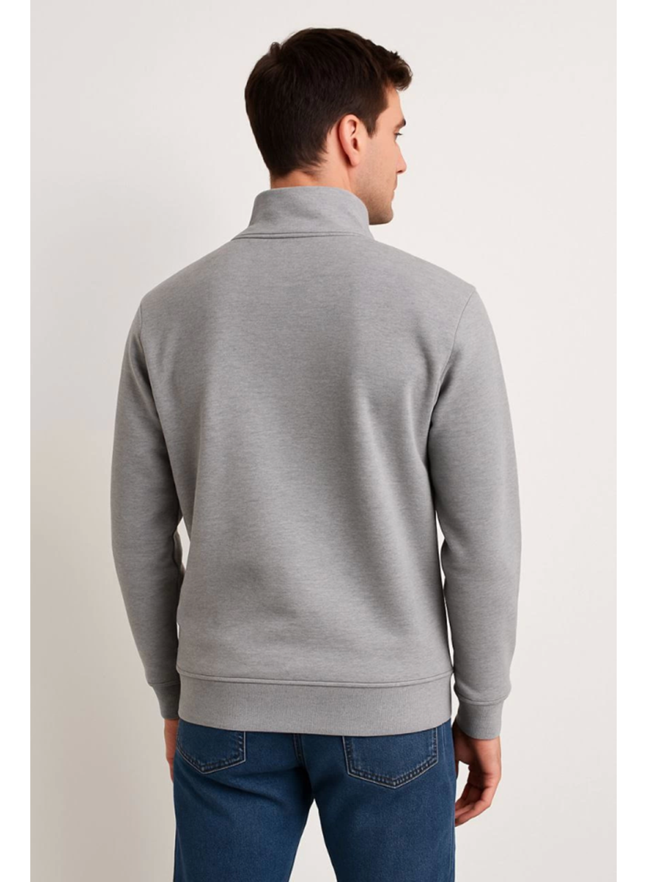 Erkek Dik Yaka Sweatshirt Dik Yaka Yarım Fermuarlı 3 İplik Şardonlu Pamuk Kumaş - Gri