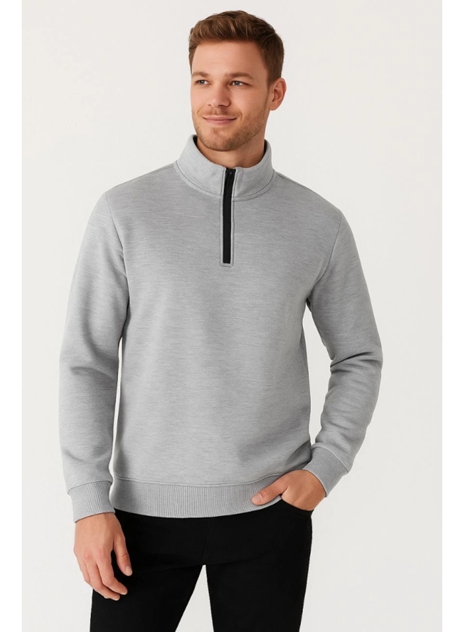 Erkek Dik Yaka Sweatshirt Dik Yaka Yarım Fermuarlı 3 İplik Şardonlu Pamuk Kumaş - Gri