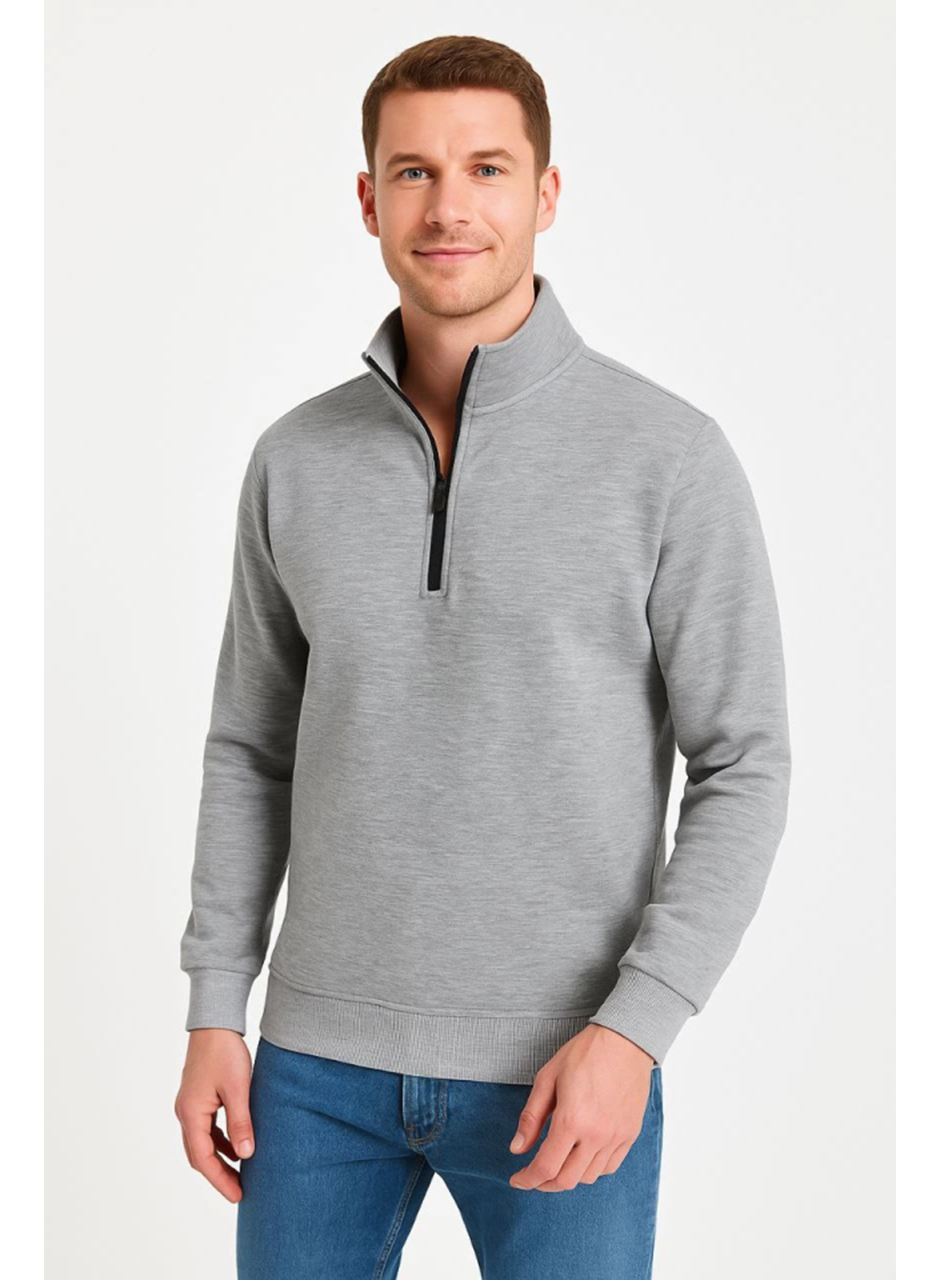 Erkek Dik Yaka Sweatshirt Dik Yaka Yarım Fermuarlı 3 İplik Şardonlu Pamuk Kumaş - Gri