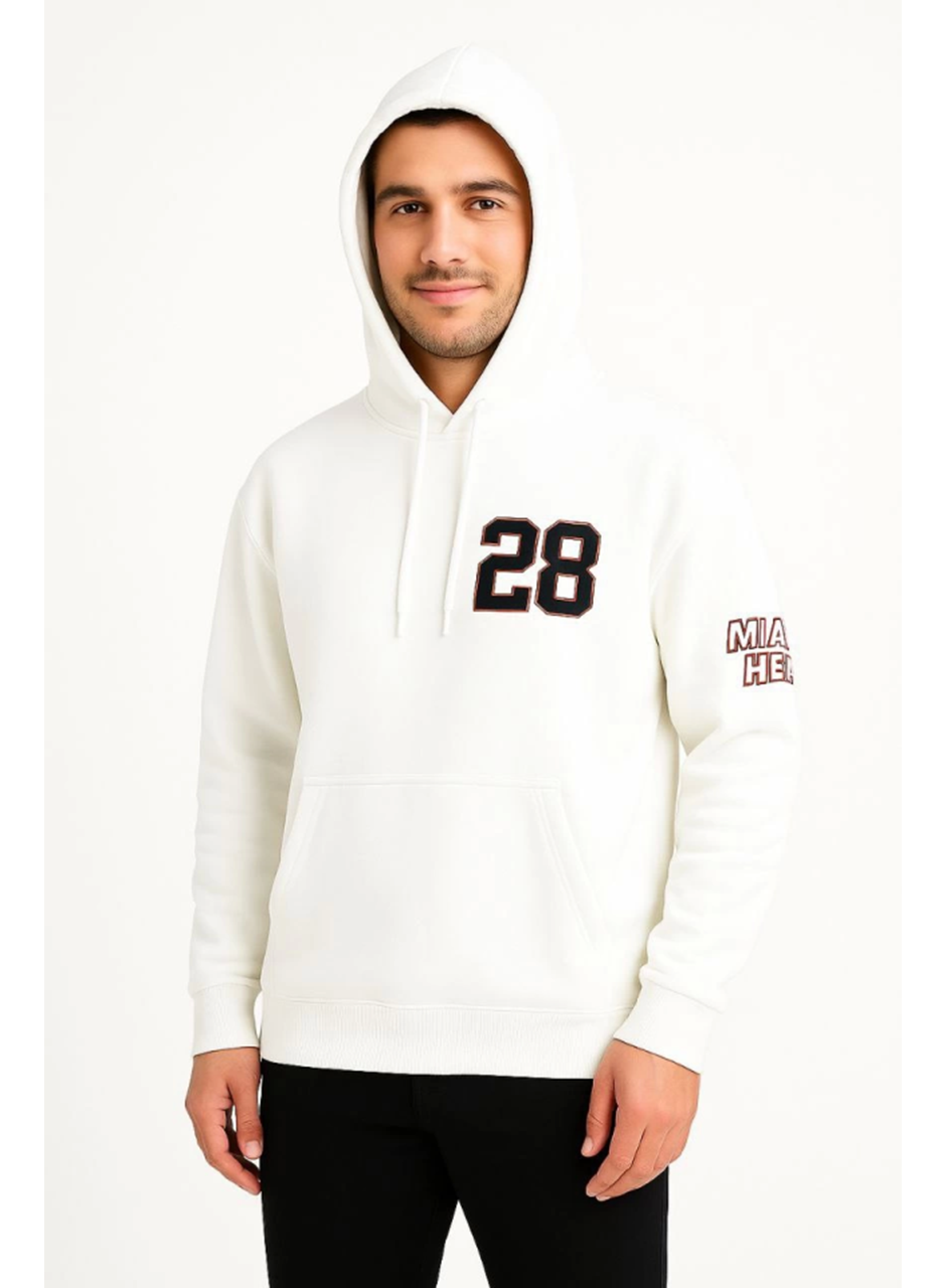 Üç İplik Kapüşonlu Ön Ve Arka Baskılı SweatShirt Hoodie - Beyaz