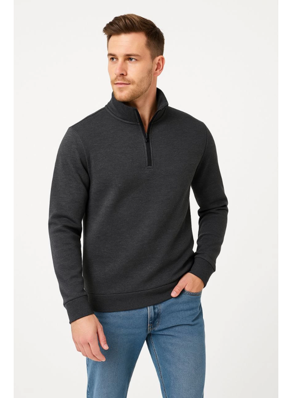 Erkek Dik Yaka Sweatshirt Dik Yaka Yarım Fermuarlı 3 İplik Şardonlu Pamuk Kumaş - Antrasit