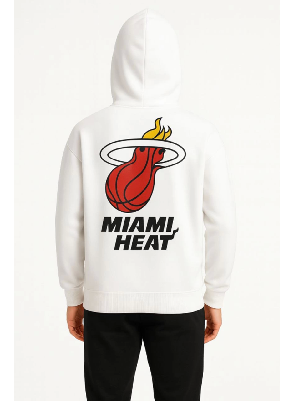 Üç İplik Kapüşonlu Ön Ve Arka Baskılı SweatShirt Hoodie - Beyaz