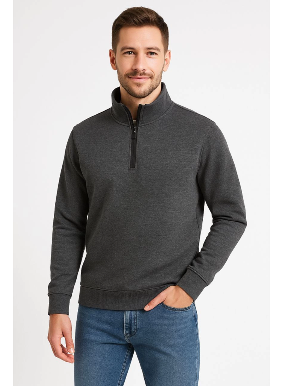 Erkek Dik Yaka Sweatshirt Dik Yaka Yarım Fermuarlı 3 İplik Şardonlu Pamuk Kumaş - Antrasit