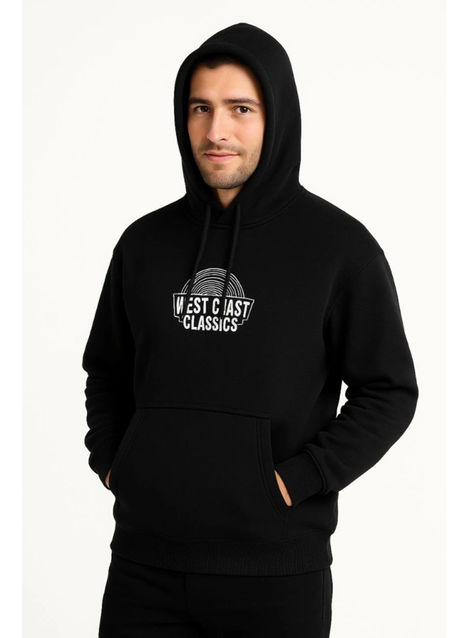 Erkek Üç İplik Kapüşonlu Ön Ve Arka Baskılı SweatShirt Hoodie - Siyah