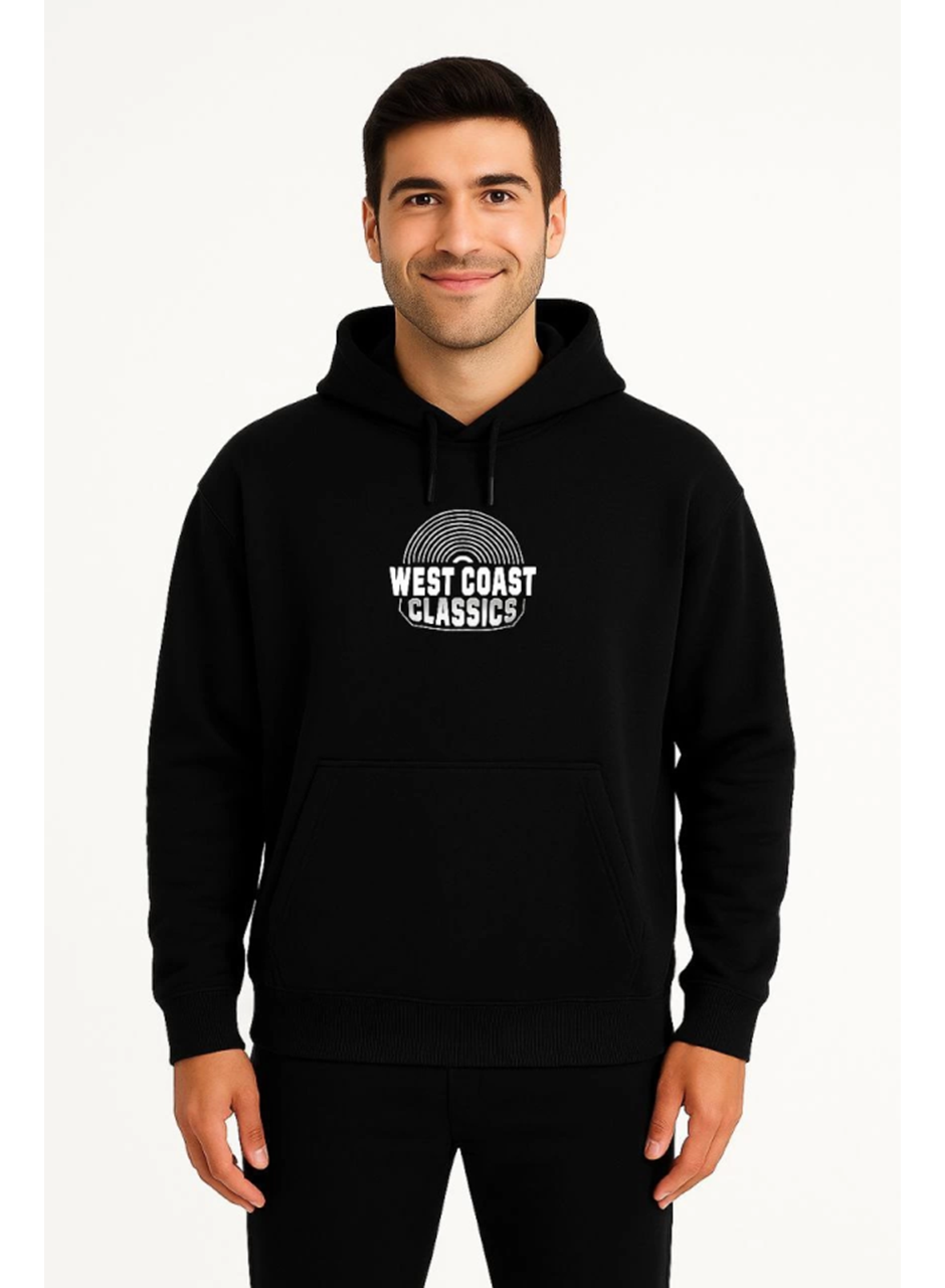 Erkek Üç İplik Kapüşonlu Ön Ve Arka Baskılı SweatShirt Hoodie - Siyah