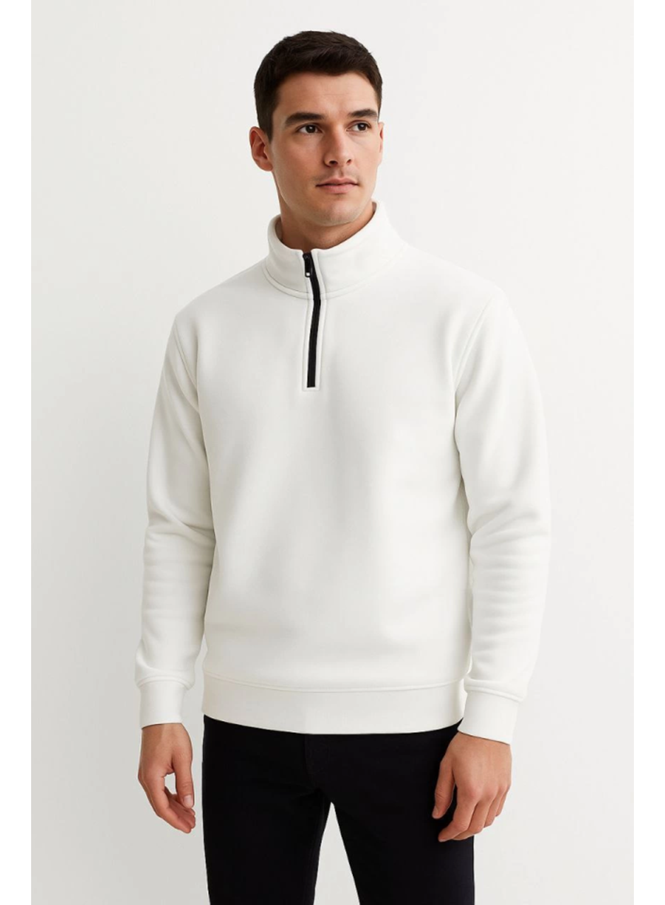 Erkek Dik Yaka Sweatshirt Dik Yaka Yarım Fermuarlı 3 İplik Şardonlu Pamuk Kumaş - Beyaz
