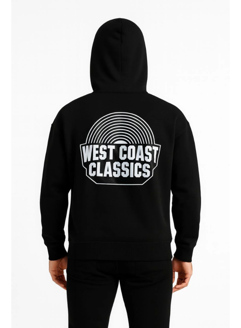 Erkek Üç İplik Kapüşonlu Ön Ve Arka Baskılı SweatShirt Hoodie - Siyah