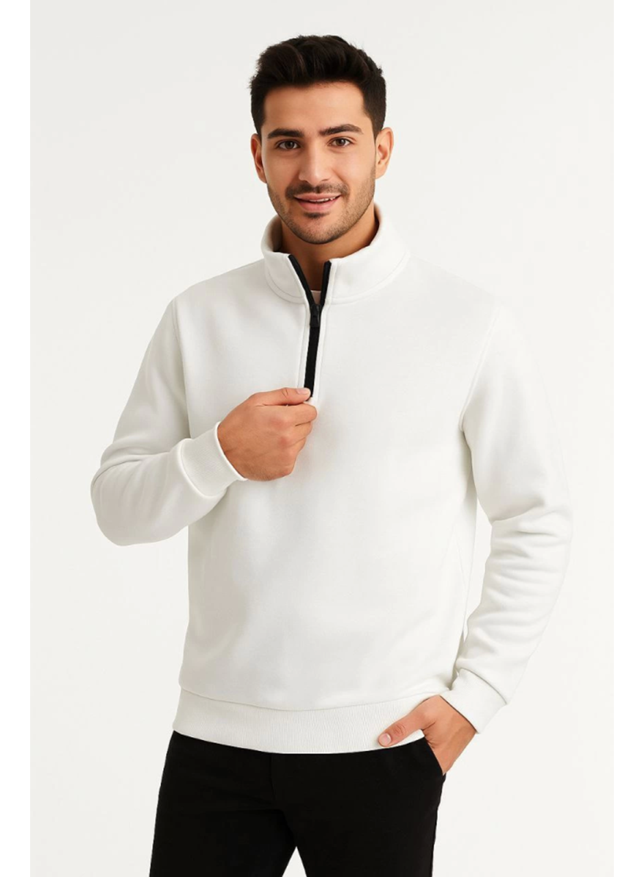 Erkek Dik Yaka Sweatshirt Dik Yaka Yarım Fermuarlı 3 İplik Şardonlu Pamuk Kumaş - Beyaz