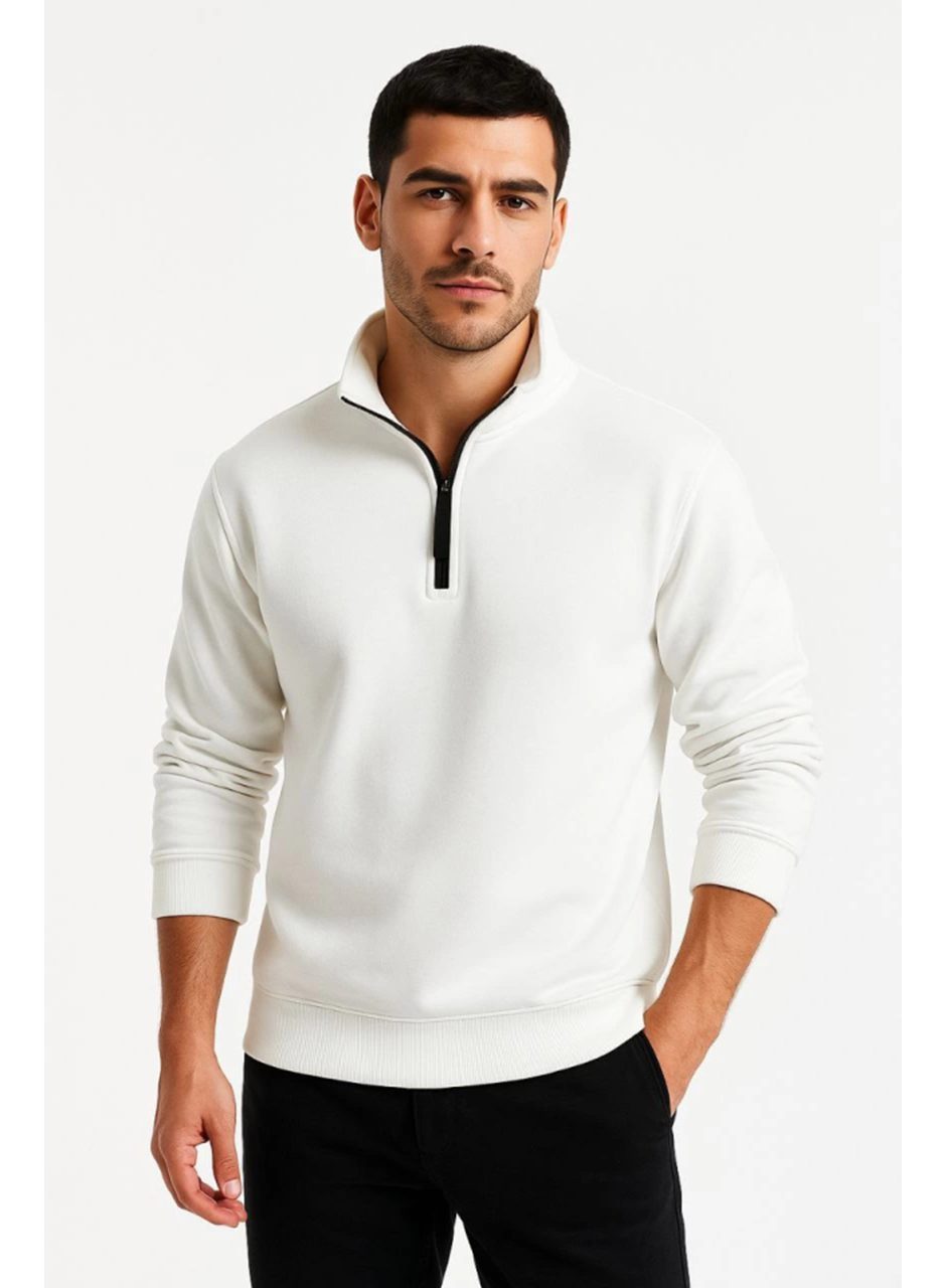 Erkek Dik Yaka Sweatshirt Dik Yaka Yarım Fermuarlı 3 İplik Şardonlu Pamuk Kumaş - Beyaz