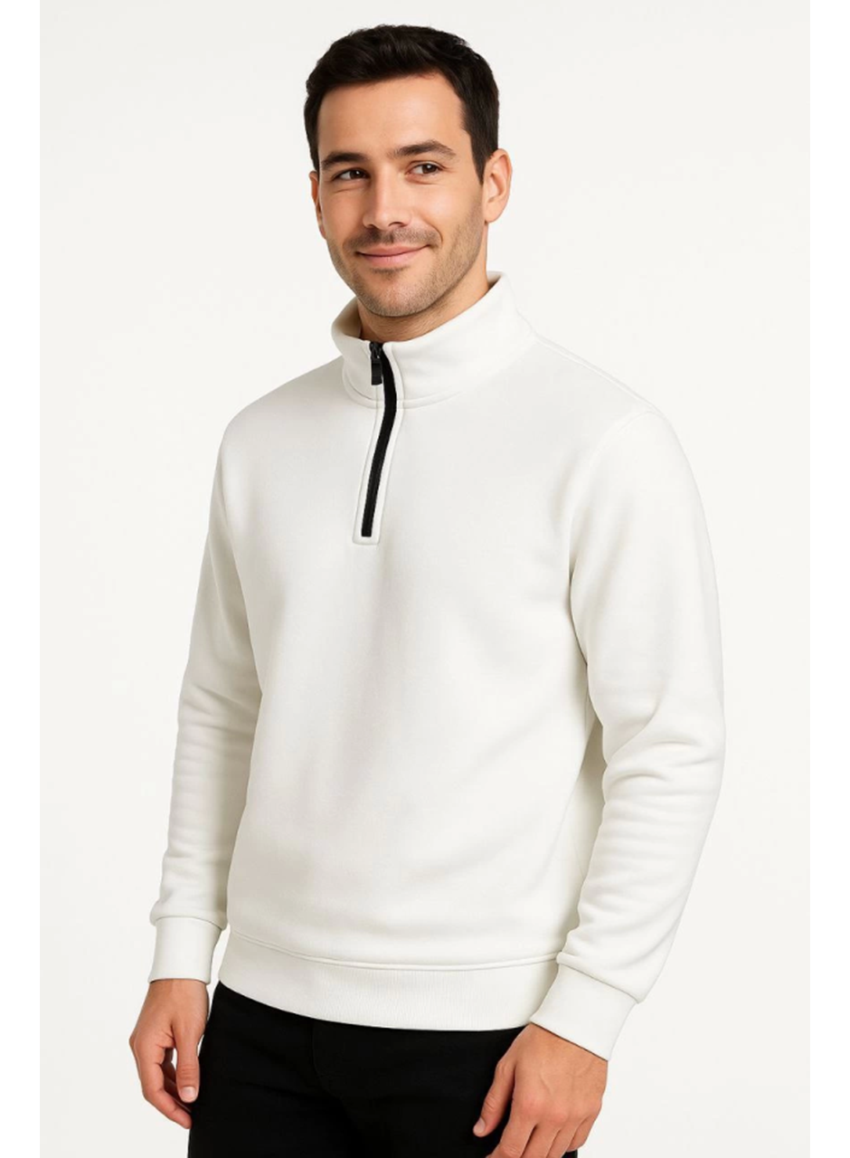 Erkek Dik Yaka Sweatshirt Dik Yaka Yarım Fermuarlı 3 İplik Şardonlu Pamuk Kumaş - Beyaz