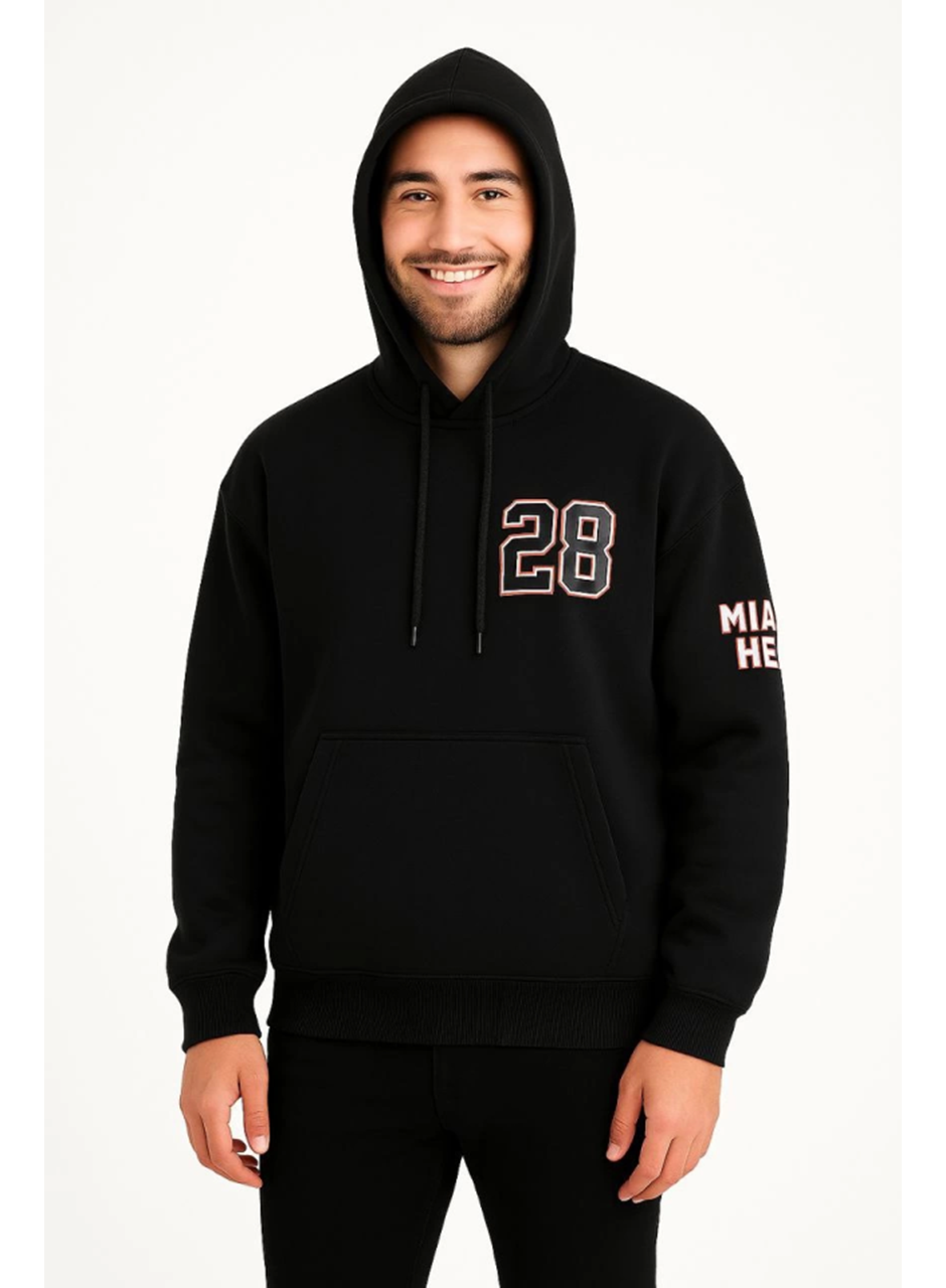 Üç İplik Kapüşonlu Ön Ve Arka Baskılı SweatShirt Hoodie - Siyah