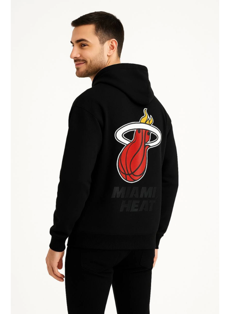 Üç İplik Kapüşonlu Ön Ve Arka Baskılı SweatShirt Hoodie - Siyah