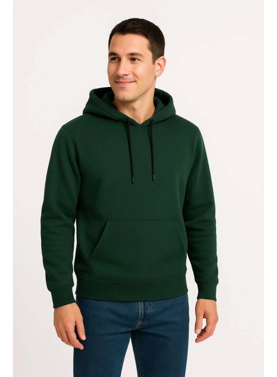 Erkek Üç İplik Kapüşonlu Kanguru Cepli SweatShirt Hoodie - Haki