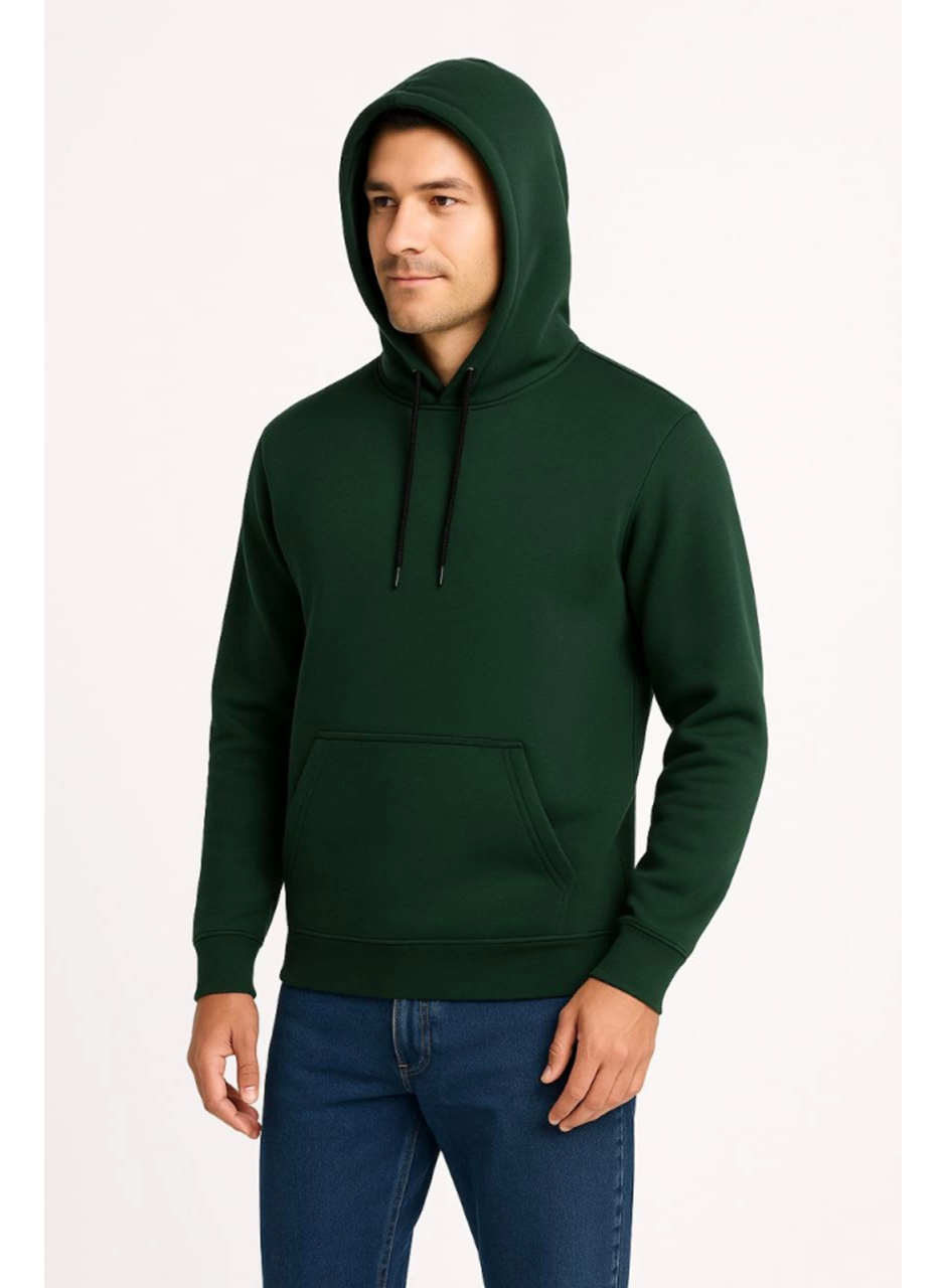 Erkek Üç İplik Kapüşonlu Kanguru Cepli SweatShirt Hoodie - Haki