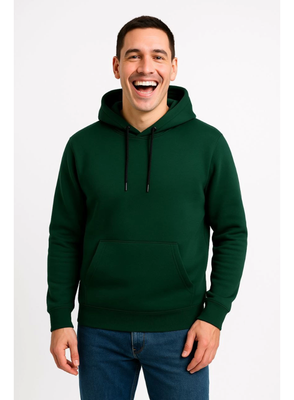 Erkek Üç İplik Kapüşonlu Kanguru Cepli SweatShirt Hoodie - Haki