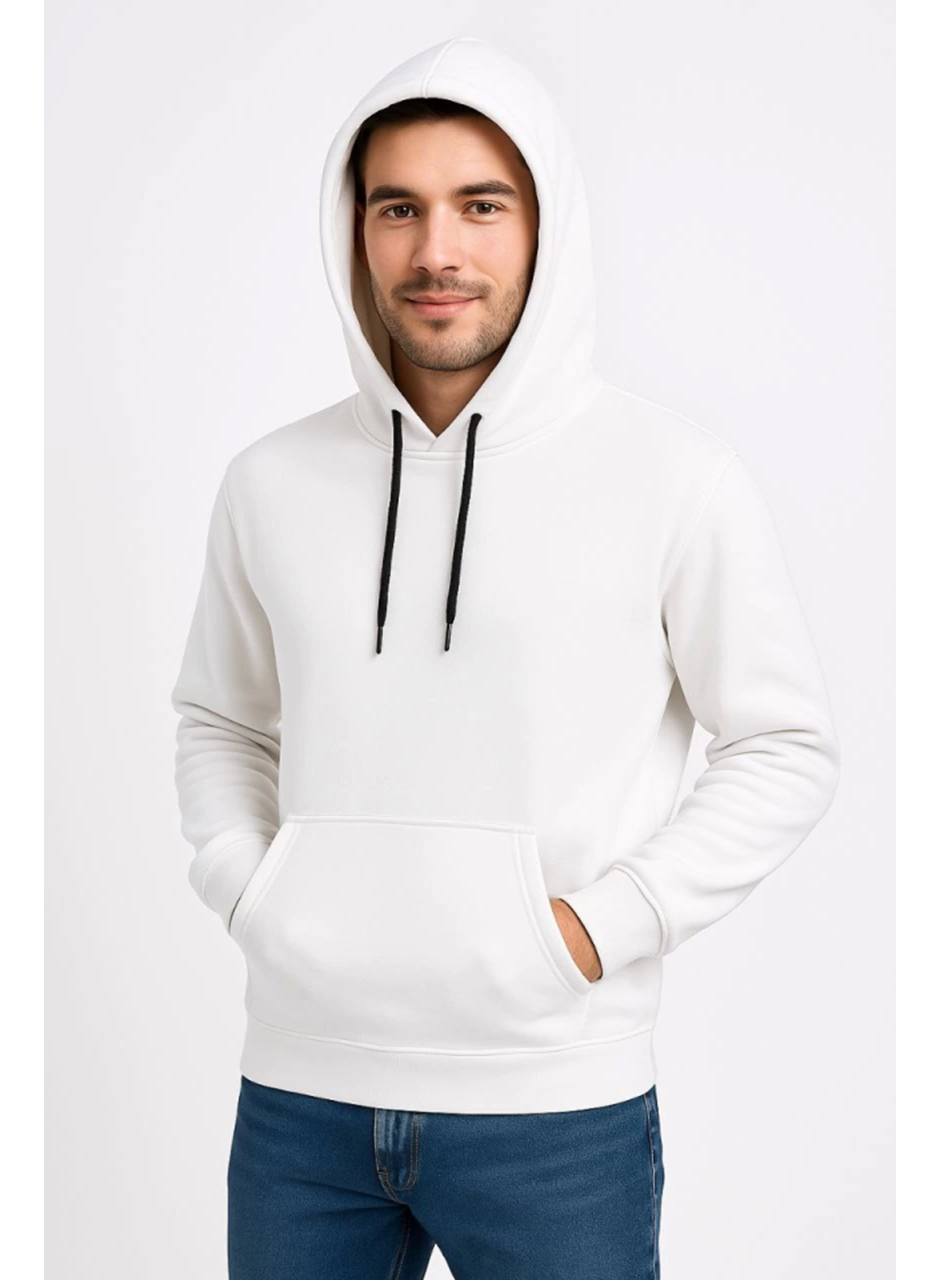 Erkek Üç İplik Kapüşonlu Kanguru Cepli SweatShirt Hoodie - Beyaz