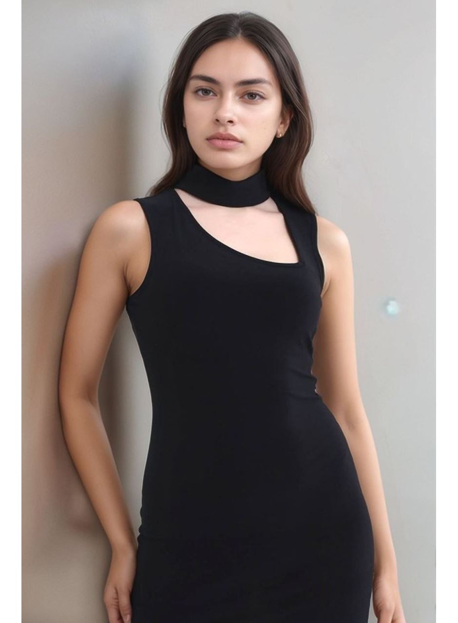 Kadın Asimetrik Yaka Sandy Kumaş Fırsat Ürün Diz Üstü Elbise