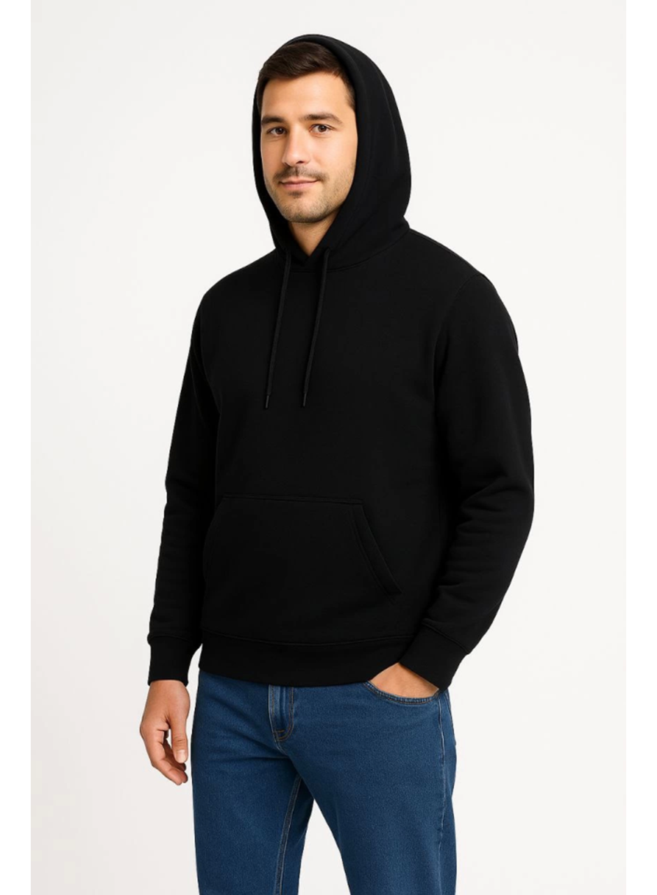 Erkek Üç İplik Kapüşonlu Kanguru Cepli SweatShirt Hoodie - Siyah