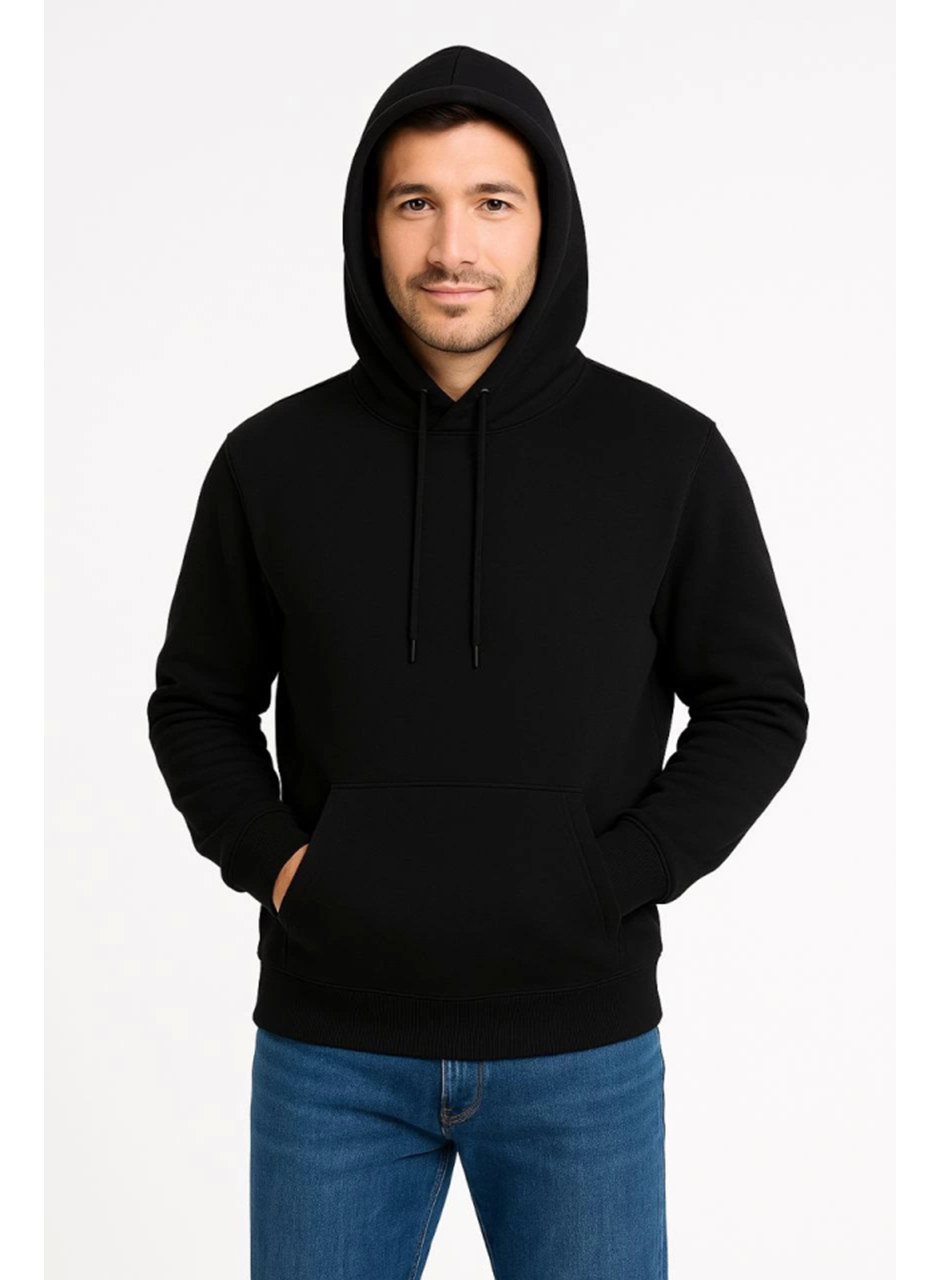 Erkek Üç İplik Kapüşonlu Kanguru Cepli SweatShirt Hoodie - Siyah