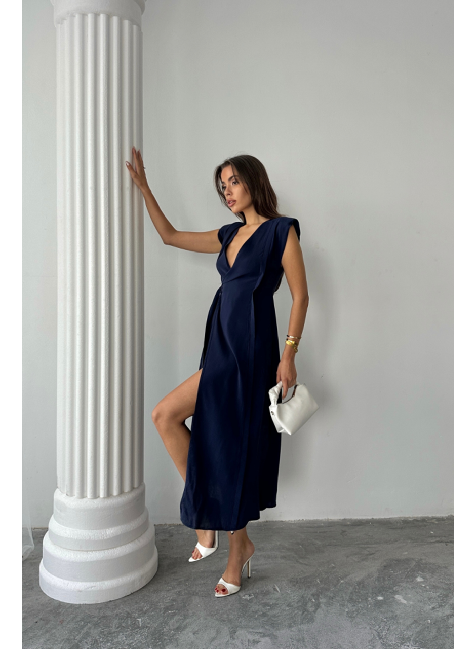 KRUVAZE VATKALI KOLSUZ ELBİSE MODAL KUMAŞ - Lacivert