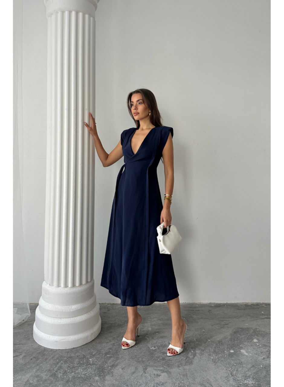 KRUVAZE VATKALI KOLSUZ ELBİSE MODAL KUMAŞ - Lacivert