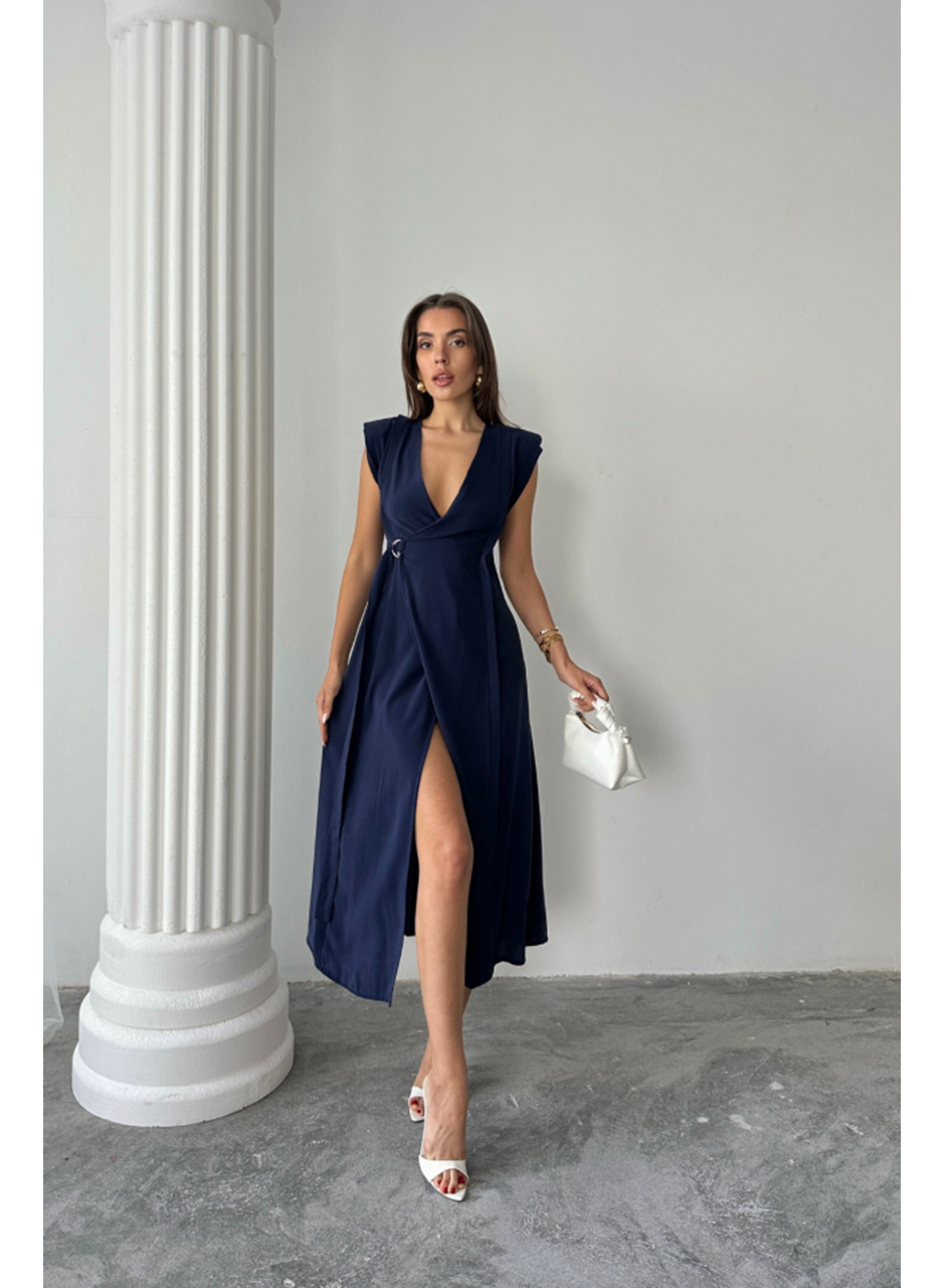 KRUVAZE VATKALI KOLSUZ ELBİSE MODAL KUMAŞ - Lacivert