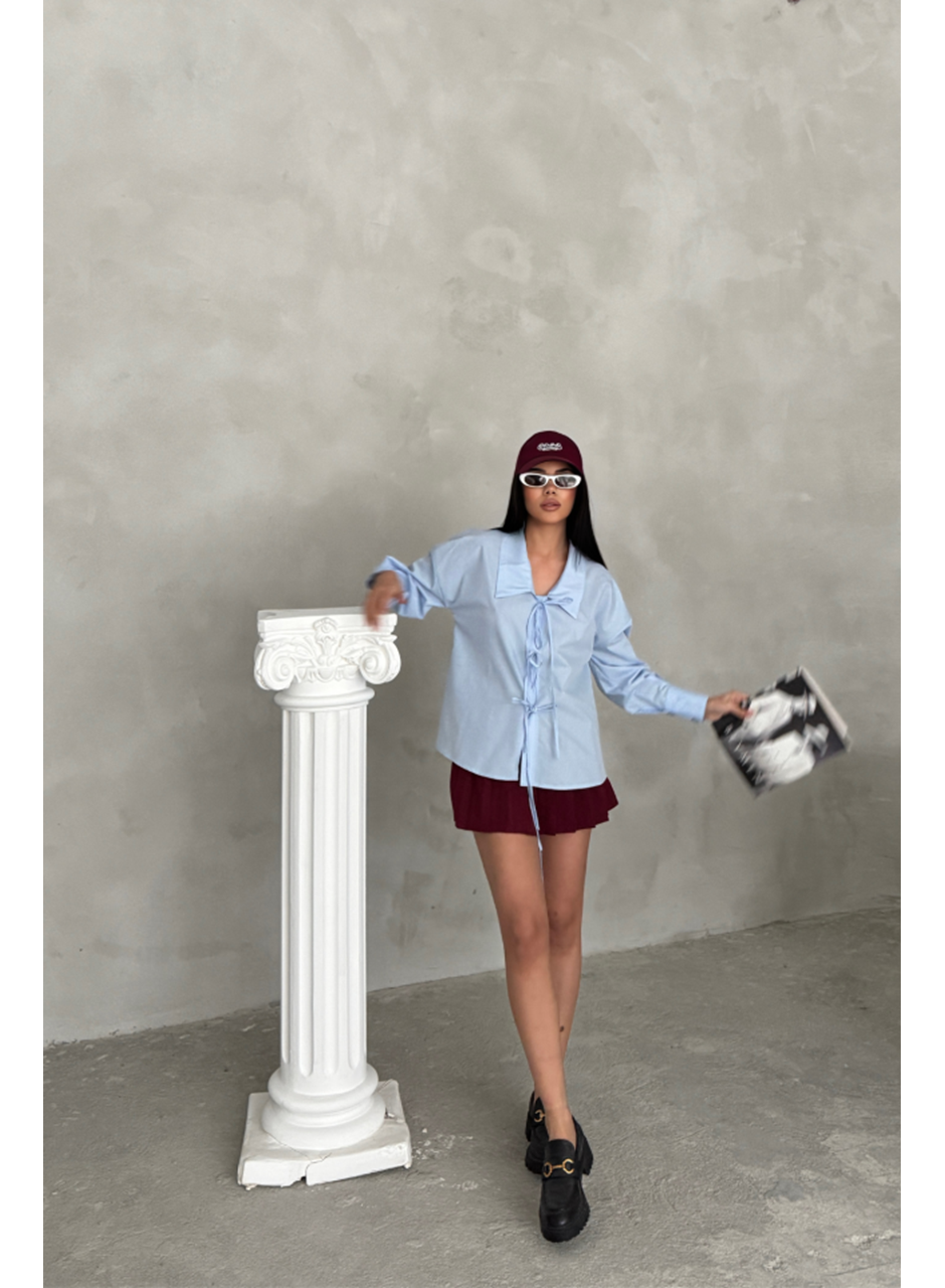 OKUL YAKA POPLİN GÖMLEK İP BAĞLAMA DETAYLI - Bebe Mavi