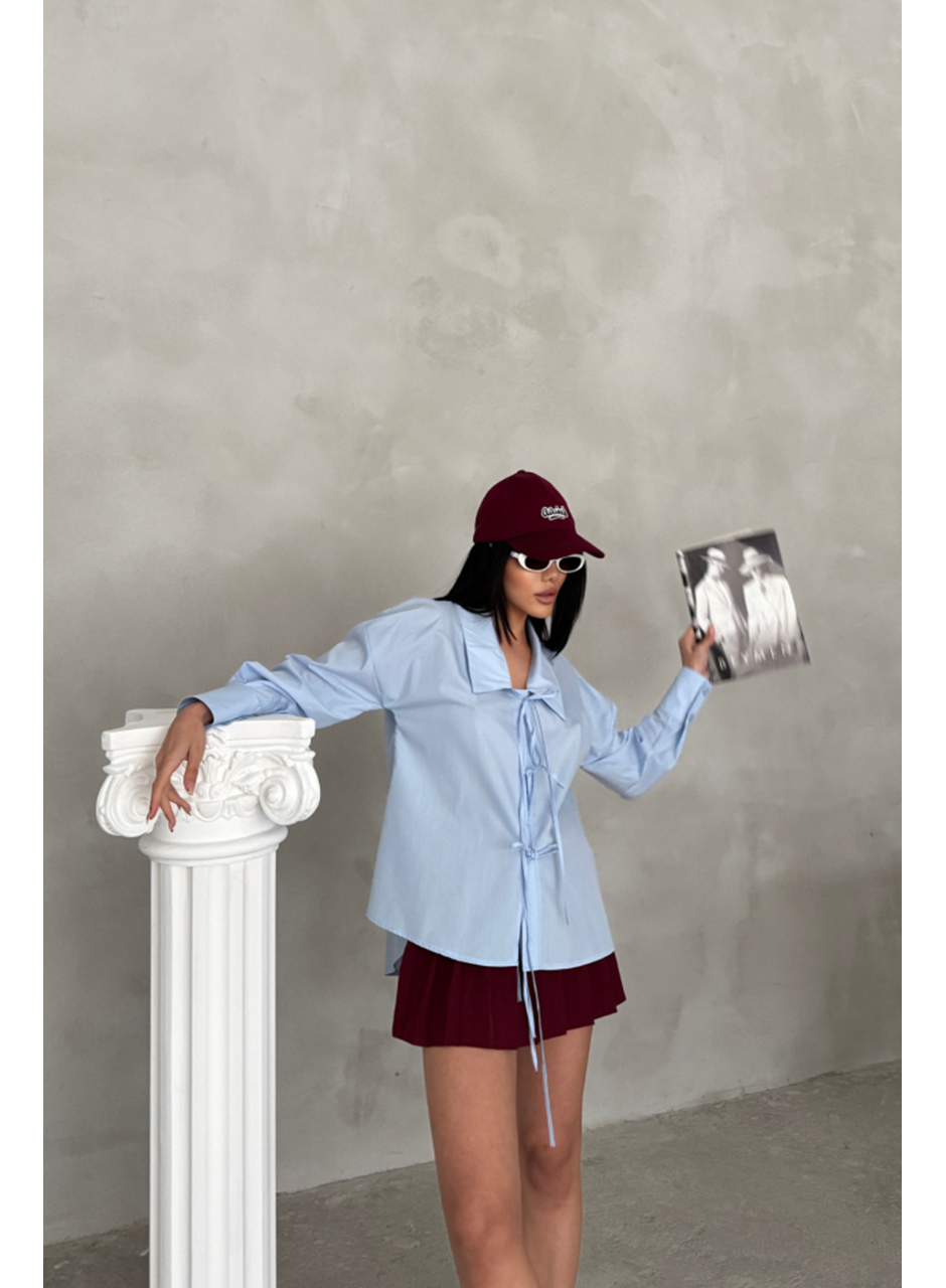 OKUL YAKA POPLİN GÖMLEK İP BAĞLAMA DETAYLI - Bebe Mavi