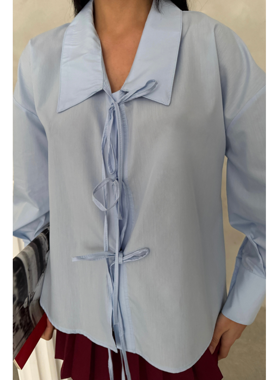 OKUL YAKA POPLİN GÖMLEK İP BAĞLAMA DETAYLI - Bebe Mavi