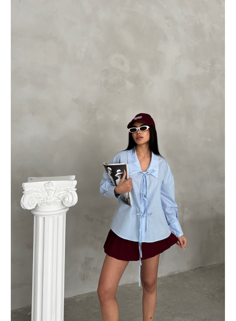 OKUL YAKA POPLİN GÖMLEK İP BAĞLAMA DETAYLI - Bebe Mavi