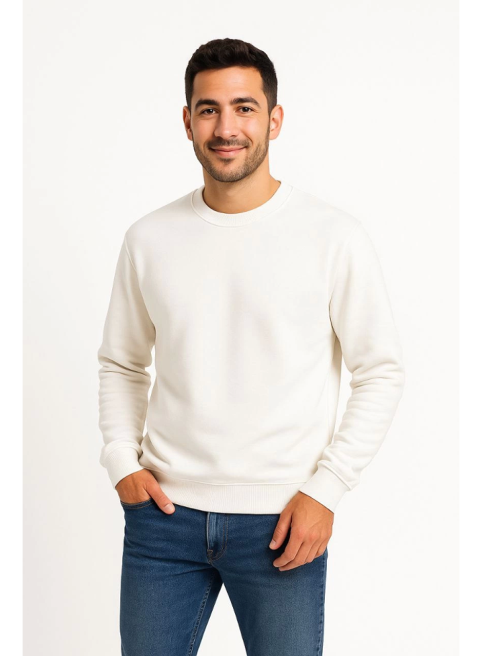 Erkek Üç İplik Düz Bisiklet Yaka SweatShirt - Beyaz