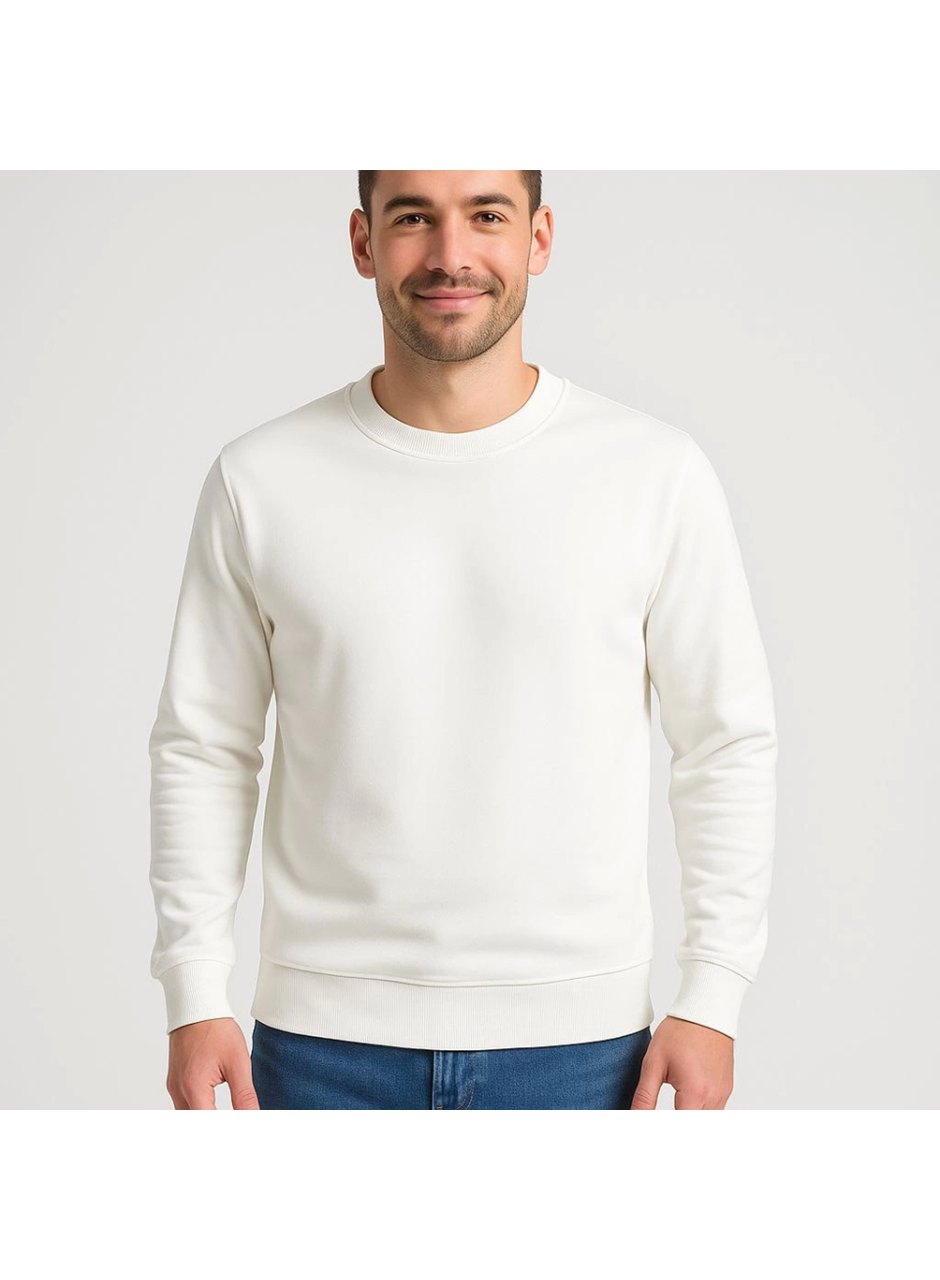 Erkek Üç İplik Düz Bisiklet Yaka SweatShirt - Beyaz