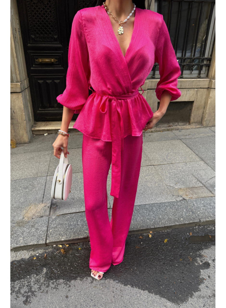 SATEN KRUVAZE BAĞLAMALI BLUZ- PANTOLON TAKIM - Fuşya