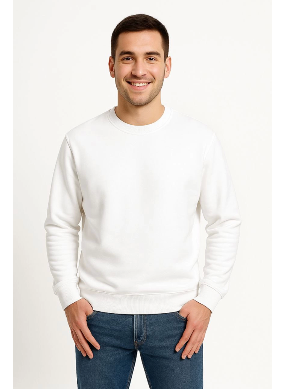 Erkek Üç İplik Düz Bisiklet Yaka SweatShirt - Beyaz