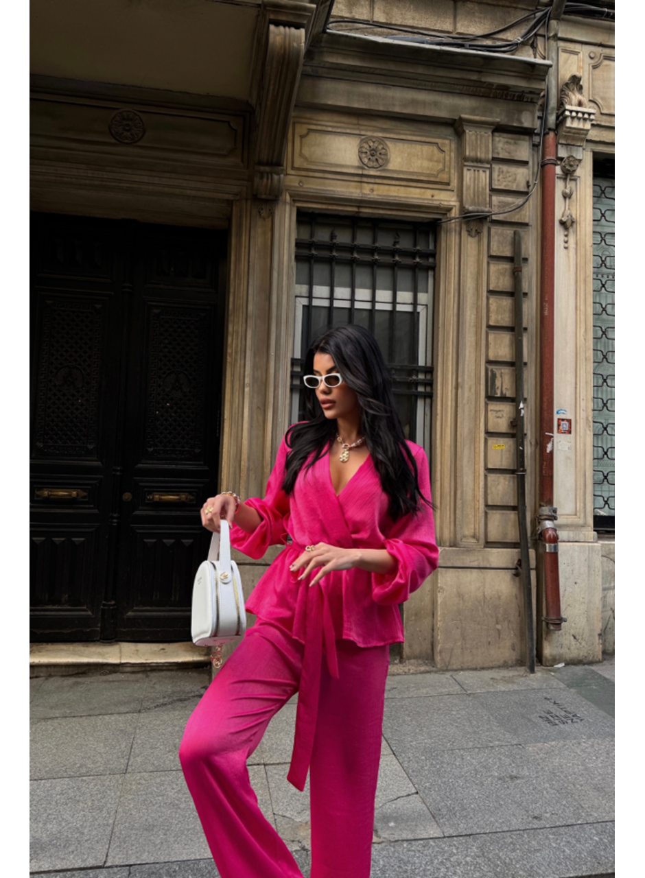 SATEN KRUVAZE BAĞLAMALI BLUZ- PANTOLON TAKIM - Fuşya