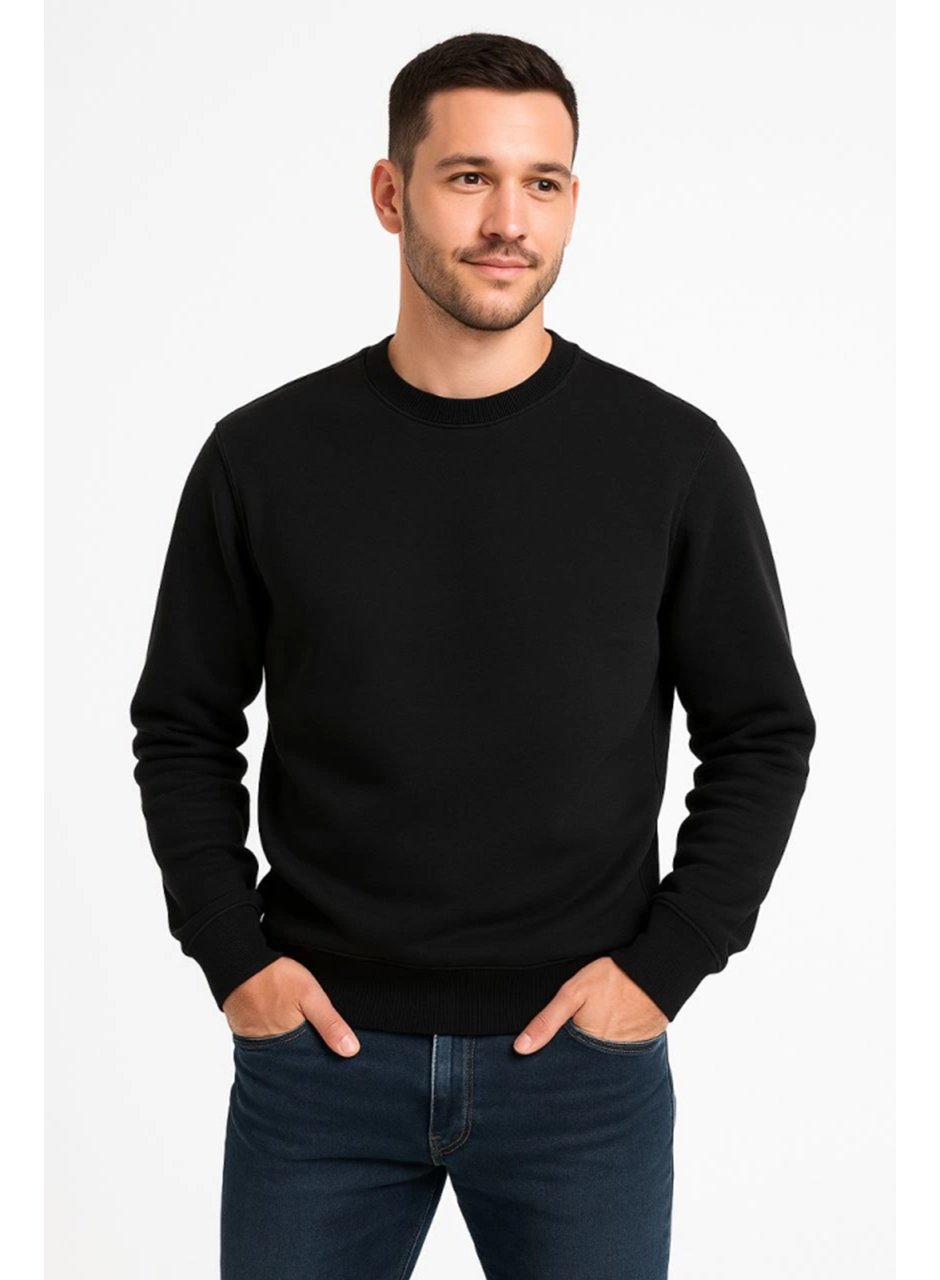 Erkek Üç İplik Düz Bisiklet Yaka SweatShirt - Siyah