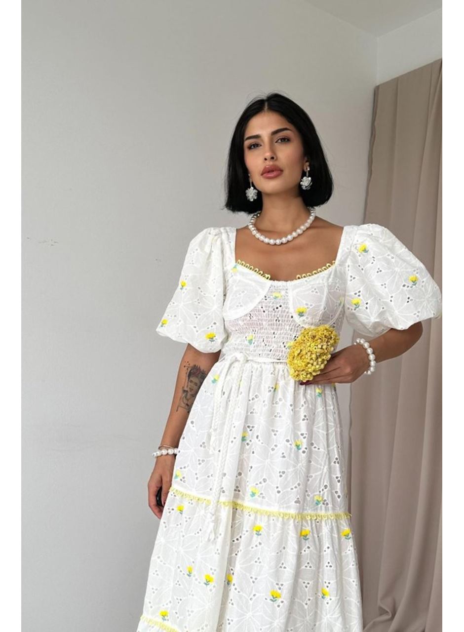 Sarı Dantel Detaylı Brode Elbise