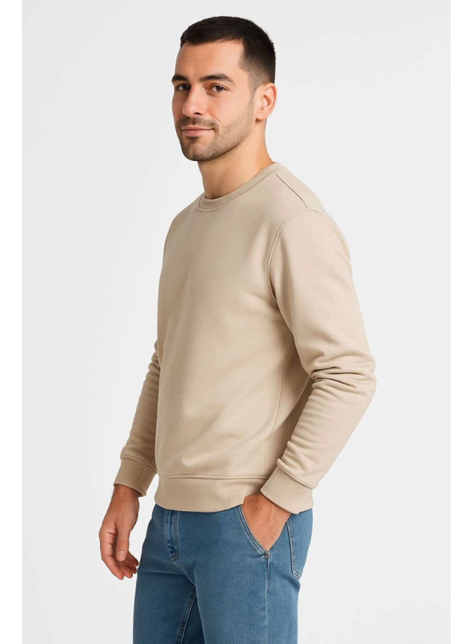 Erkek Üç İplik Düz Bisiklet Yaka SweatShirt - Bej