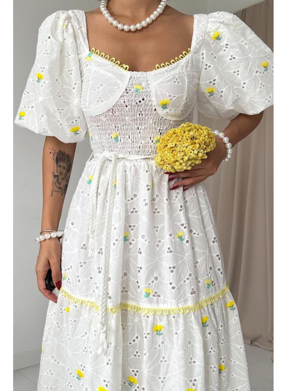 Sarı Dantel Detaylı Brode Elbise