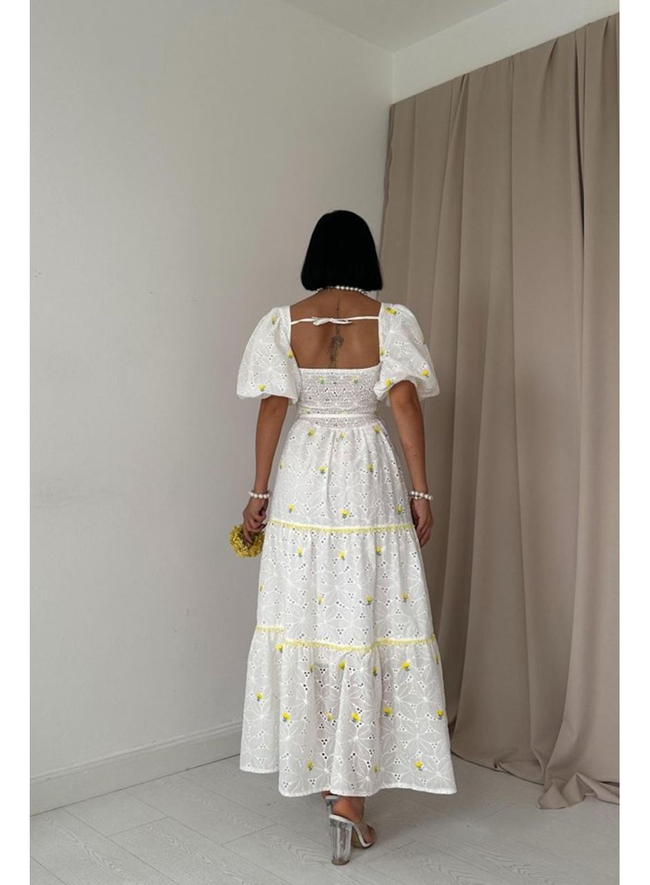 Sarı Dantel Detaylı Brode Elbise