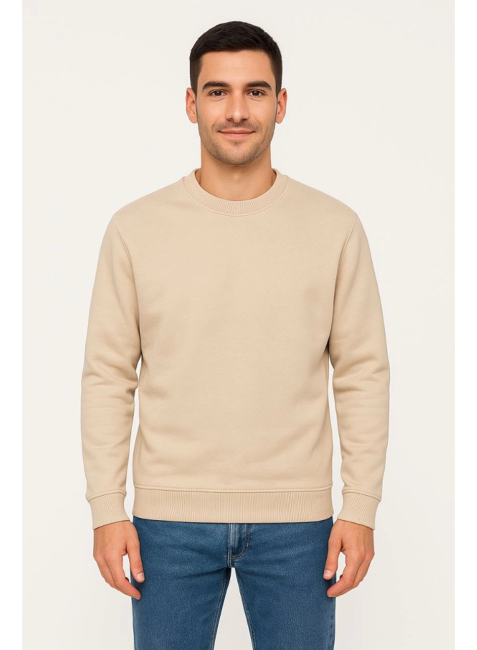 Erkek Üç İplik Düz Bisiklet Yaka SweatShirt - Bej