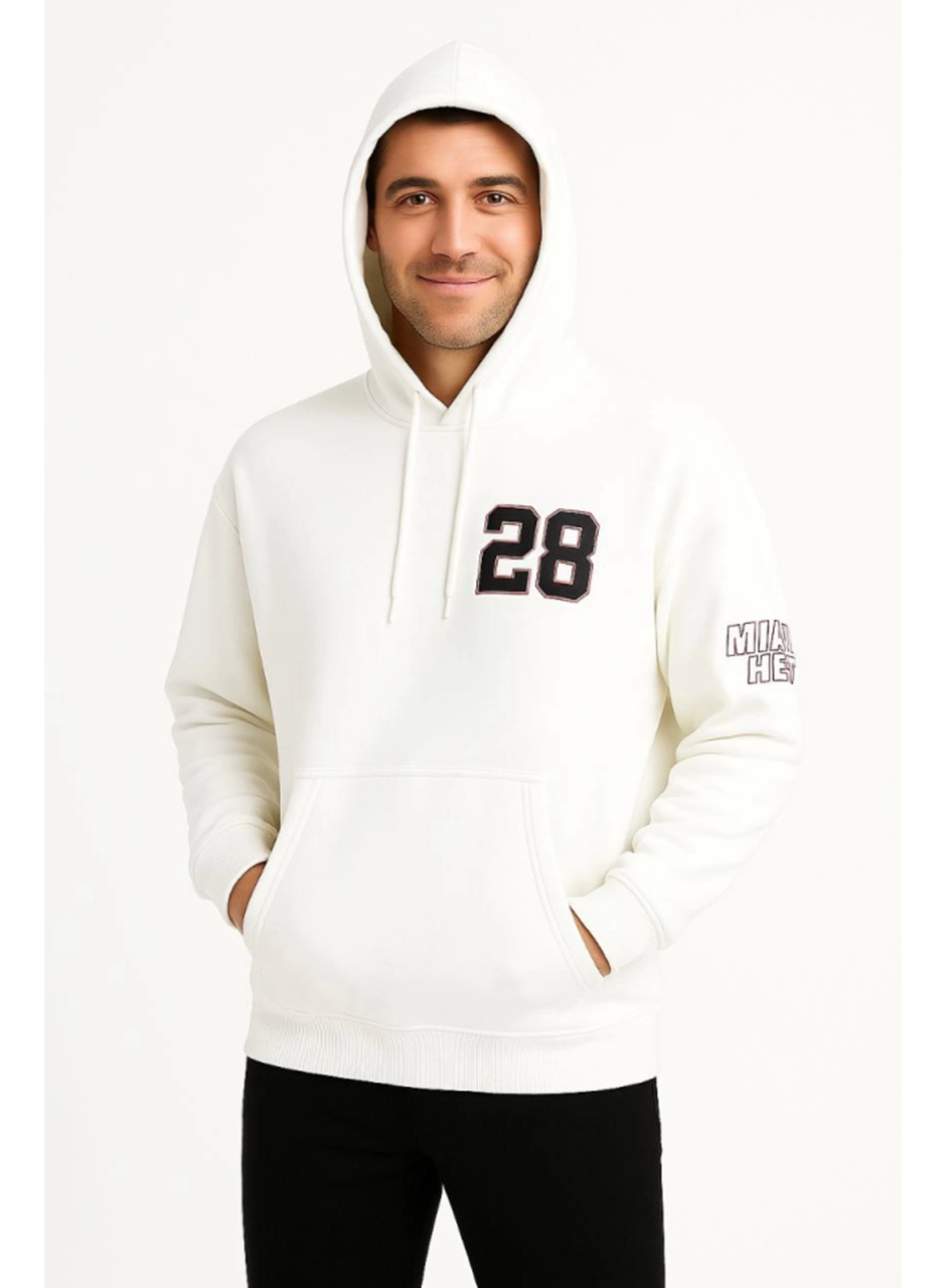 Üç İplik Kapüşonlu Ön Ve Arka Baskılı SweatShirt Hoodie - Beyaz