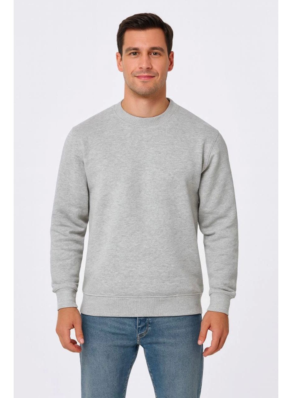 Erkek Üç İplik Düz Bisiklet Yaka SweatShirt - Gri