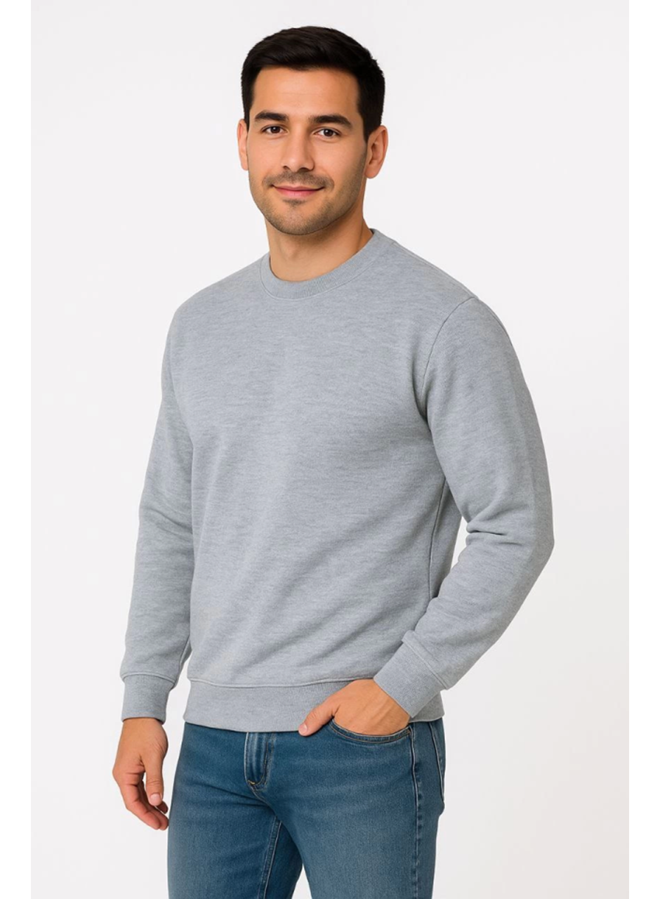 Erkek Üç İplik Düz Bisiklet Yaka SweatShirt - Gri